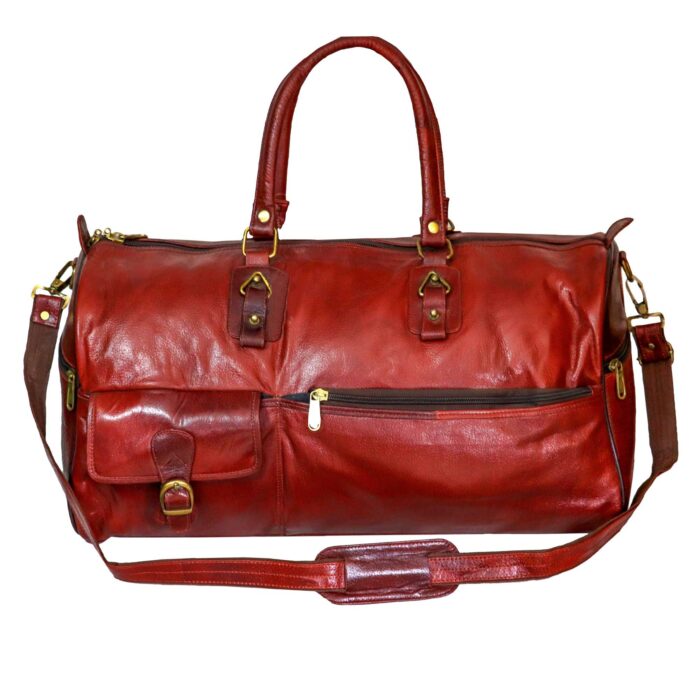 Premium Duffle Bag Brown Leather External Pocket and Strap - Image 1
