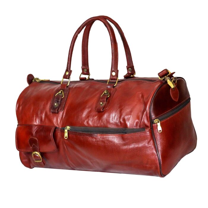 Premium Duffle Bag Brown Leather External Pocket and Strap - Image 2