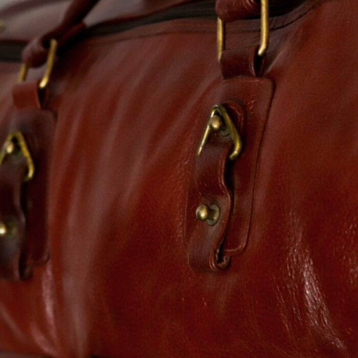 Premium Duffle Bag Brown Leather External Pocket and Strap - Image 4