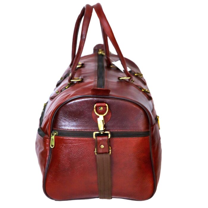 Premium Duffle Bag Brown Leather External Pocket and Strap - Image 3