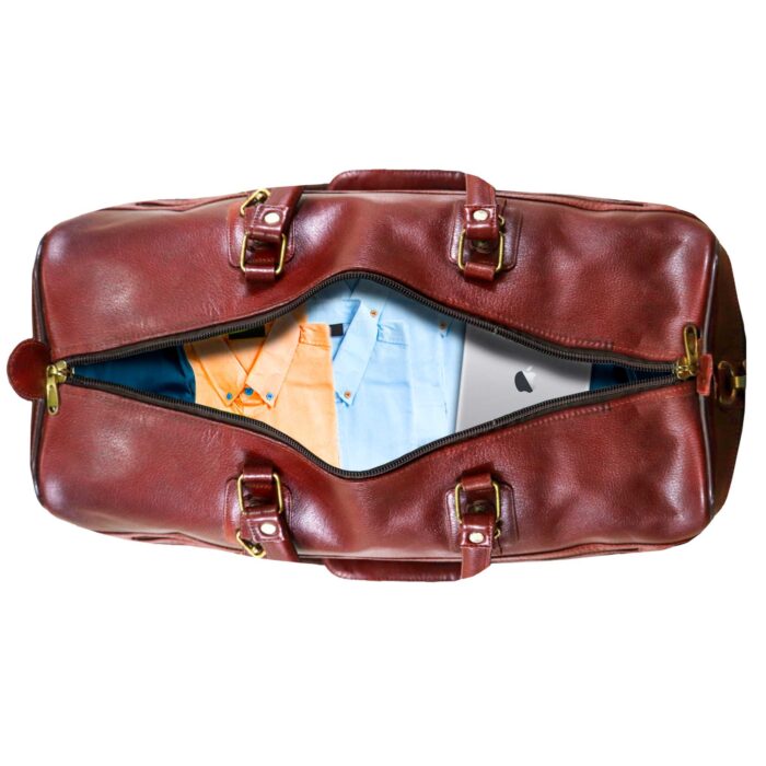 Premium Duffle Bag Brown Leather External Pocket and Strap - Image 8