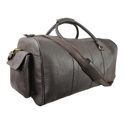 Artisan Full Grain Leather Travel Duffle – Oversized Brown Weekender with Floral Tooled Pockets, Adjustable Shoulder Strap & Signature Brass Detailing