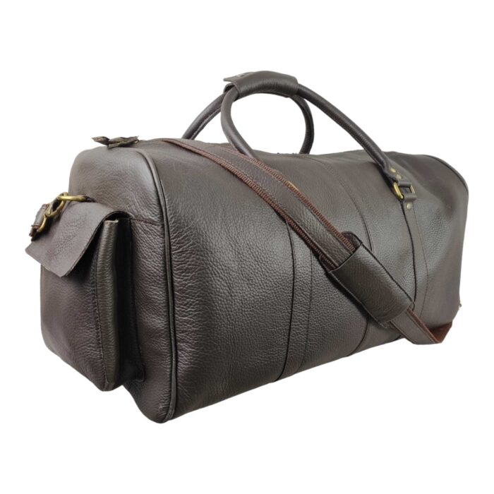 Artisan Full Grain Leather Travel Duffle – Oversized Brown Weekender with Floral Tooled Pockets, Adjustable Shoulder Strap & Signature Brass Detailing - Image 1