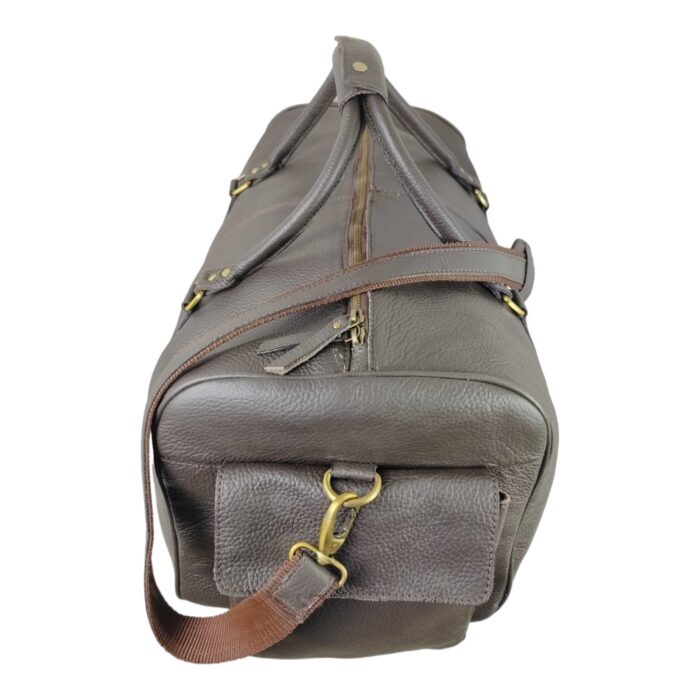 Artisan Full Grain Leather Travel Duffle – Oversized Brown Weekender with Floral Tooled Pockets, Adjustable Shoulder Strap & Signature Brass Detailing - Image 3