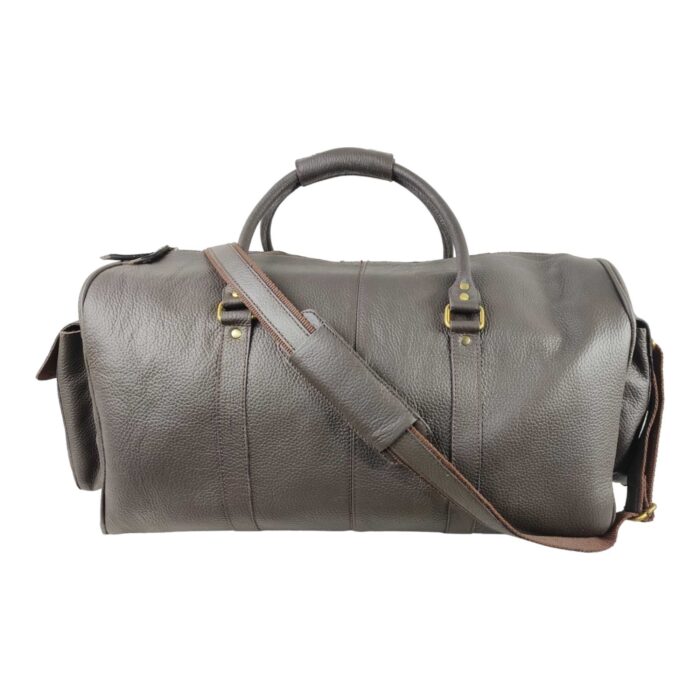Artisan Full Grain Leather Travel Duffle – Oversized Brown Weekender with Floral Tooled Pockets, Adjustable Shoulder Strap & Signature Brass Detailing - Image 4