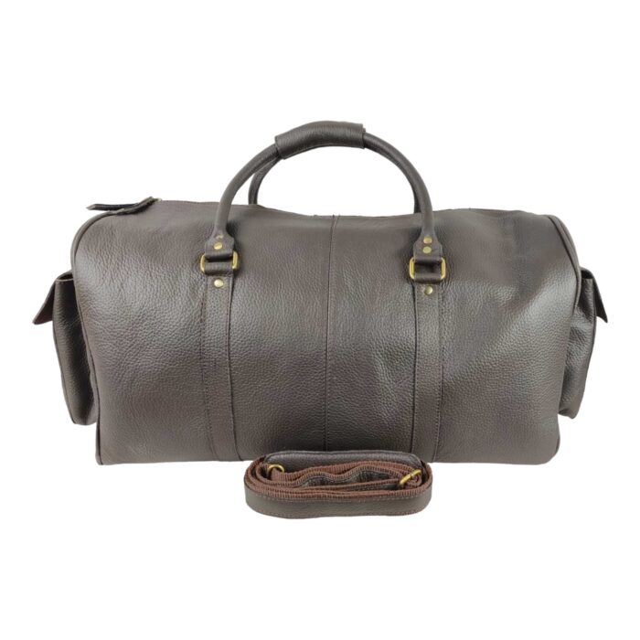 Artisan Full Grain Leather Travel Duffle – Oversized Brown Weekender with Floral Tooled Pockets, Adjustable Shoulder Strap & Signature Brass Detailing - Image 5