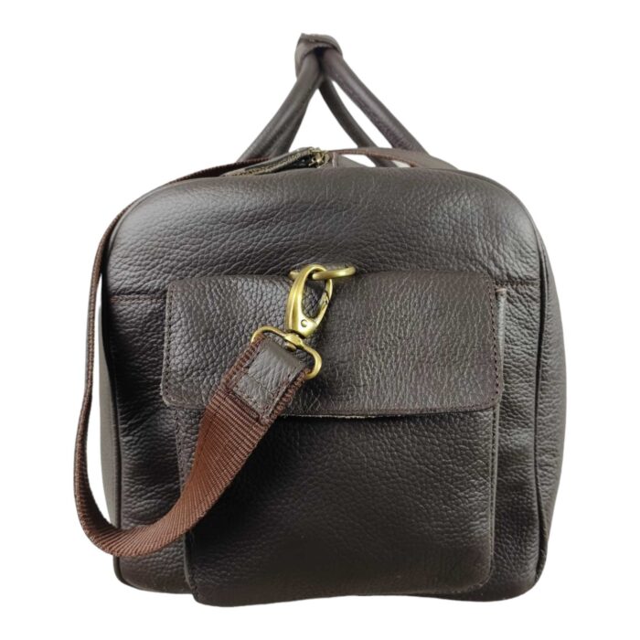 Artisan Full Grain Leather Travel Duffle – Oversized Brown Weekender with Floral Tooled Pockets, Adjustable Shoulder Strap & Signature Brass Detailing - Image 6