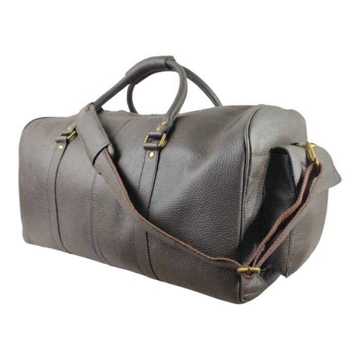 Artisan Full Grain Leather Travel Duffle – Oversized Brown Weekender with Floral Tooled Pockets, Adjustable Shoulder Strap & Signature Brass Detailing - Image 7
