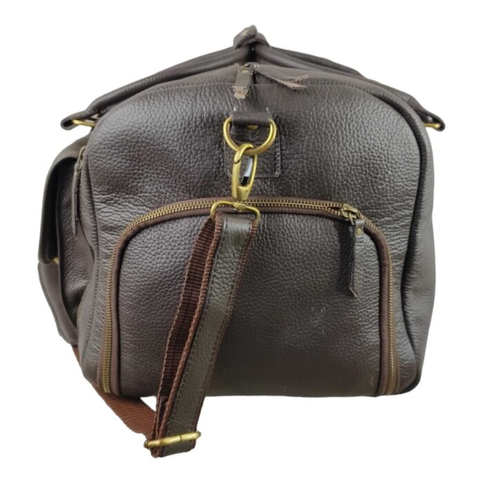 Classic Full Grain Leather Duffle Bag – Large Brown Weekender with Spacious Front Buckled Pocket, Adjustable Shoulder Strap & Brass Hardware - Image 9