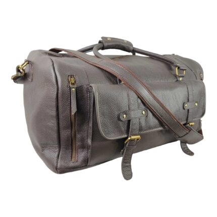 Classic Full Grain Leather Duffle Bag – Large Brown Weekender with Spacious Front Buckled Pocket, Adjustable Shoulder Strap & Brass Hardware