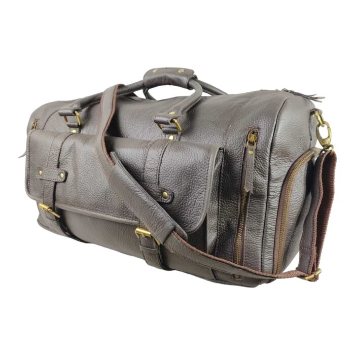 Classic Full Grain Leather Duffle Bag – Large Brown Weekender with Spacious Front Buckled Pocket, Adjustable Shoulder Strap & Brass Hardware - Image 2