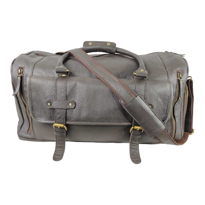 Classic Full Grain Leather Duffle Bag – Large Brown Weekender with Spacious Front Buckled Pocket, Adjustable Shoulder Strap & Brass Hardware - Image 3