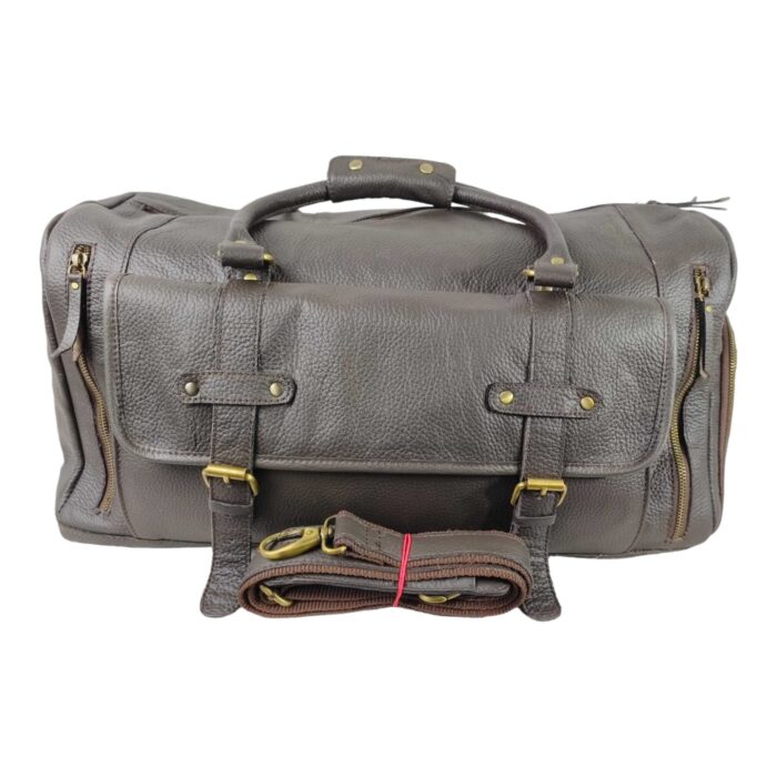 Classic Full Grain Leather Duffle Bag – Large Brown Weekender with Spacious Front Buckled Pocket, Adjustable Shoulder Strap & Brass Hardware - Image 4