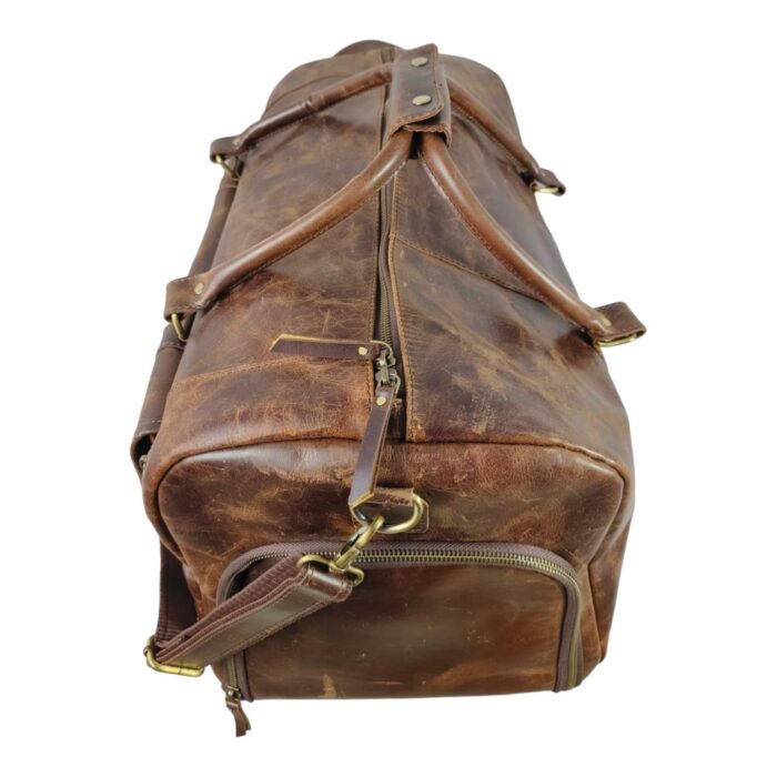 Full Grain Leather Duffle Bag – Large Brown Travel Weekender with Shoulder Strap, Multiple Pockets & Brass Hardware - Image 3