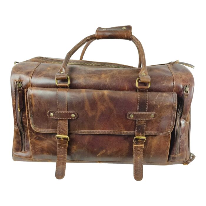 Full Grain Leather Duffle Bag – Large Brown Travel Weekender with Shoulder Strap, Multiple Pockets & Brass Hardware - Image 5