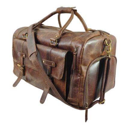 Full Grain Leather Duffle Bag – Large Brown Travel Weekender with Shoulder Strap, Multiple Pockets & Brass Hardware