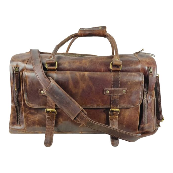 Full Grain Leather Duffle Bag – Large Brown Travel Weekender with Shoulder Strap, Multiple Pockets & Brass Hardware - Image 2