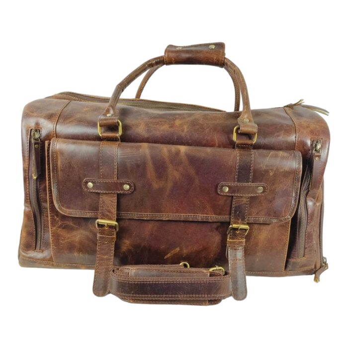 Full Grain Leather Duffle Bag – Large Brown Travel Weekender with Shoulder Strap, Multiple Pockets & Brass Hardware - Image 8