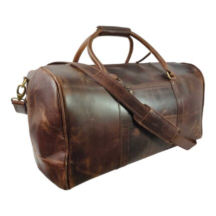 Luxury Brown Full Grain Leather Duffle Bag – Spacious Weekender with Shoe Compartment & Adjustable Shoulder Strap