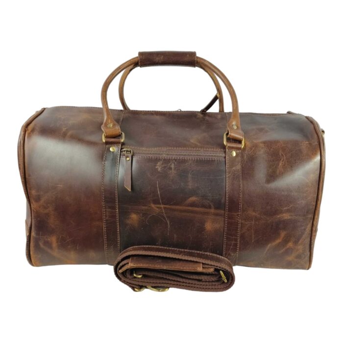 Luxury Brown Full Grain Leather Duffle Bag – Spacious Weekender with Shoe Compartment & Adjustable Shoulder Strap - Image 3