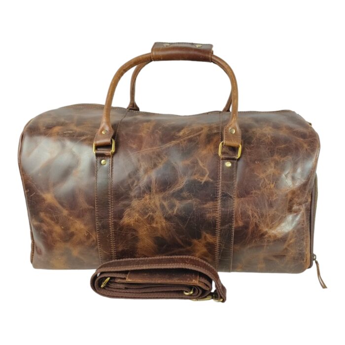 Handcrafted Full Grain Leather Travel Duffle Bag for Men & Women – Adjustable Strap, Shoe Pocket, and Multiple Pockets - Image 3