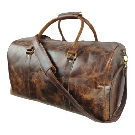 Handcrafted Full Grain Leather Travel Duffle Bag for Men & Women – Adjustable Strap, Shoe Pocket, and Multiple Pockets