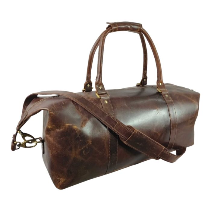 Classic Brown Full Grain Leather Duffle Bag – Large Vintage Travel Weekender with Adjustable Shoulder Strap & Brass Accents - Image 7