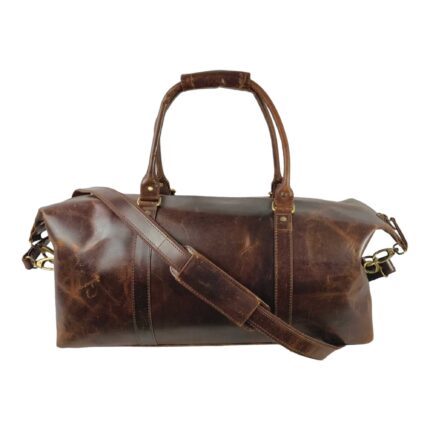 Classic Brown Full Grain Leather Duffle Bag – Large Vintage Travel Weekender with Adjustable Shoulder Strap & Brass Accents