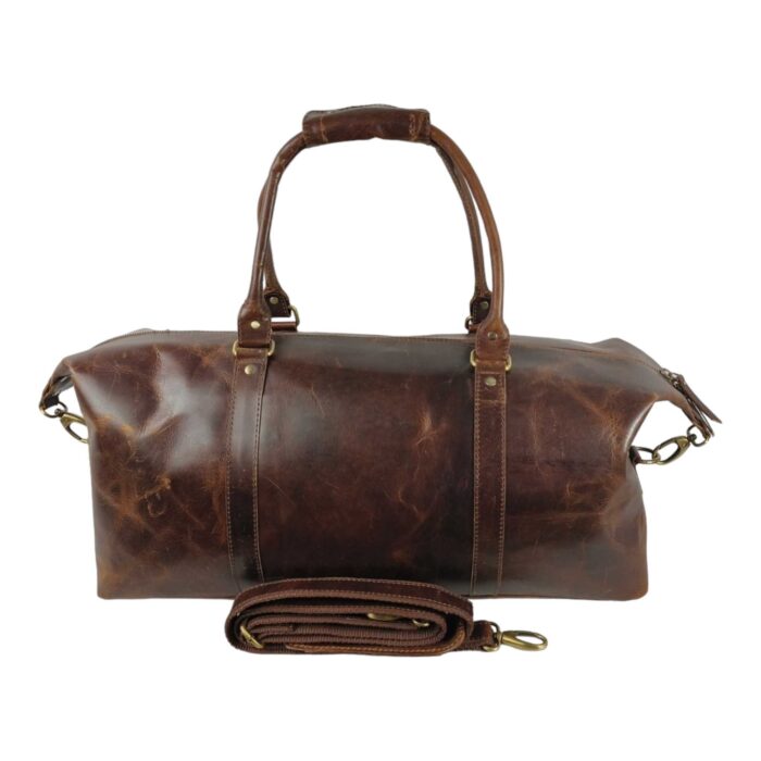 Classic Brown Full Grain Leather Duffle Bag – Large Vintage Travel Weekender with Adjustable Shoulder Strap & Brass Accents - Image 2
