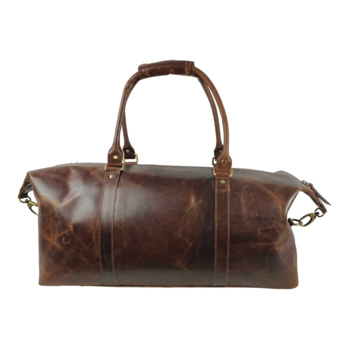Classic Brown Full Grain Leather Duffle Bag – Large Vintage Travel Weekender with Adjustable Shoulder Strap & Brass Accents - Image 3