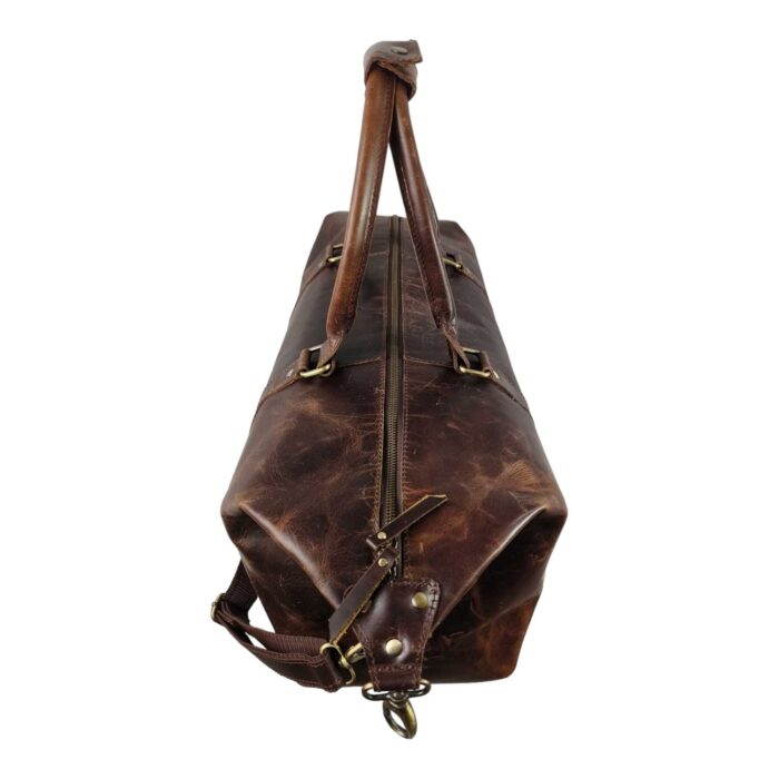Classic Brown Full Grain Leather Duffle Bag – Large Vintage Travel Weekender with Adjustable Shoulder Strap & Brass Accents - Image 4