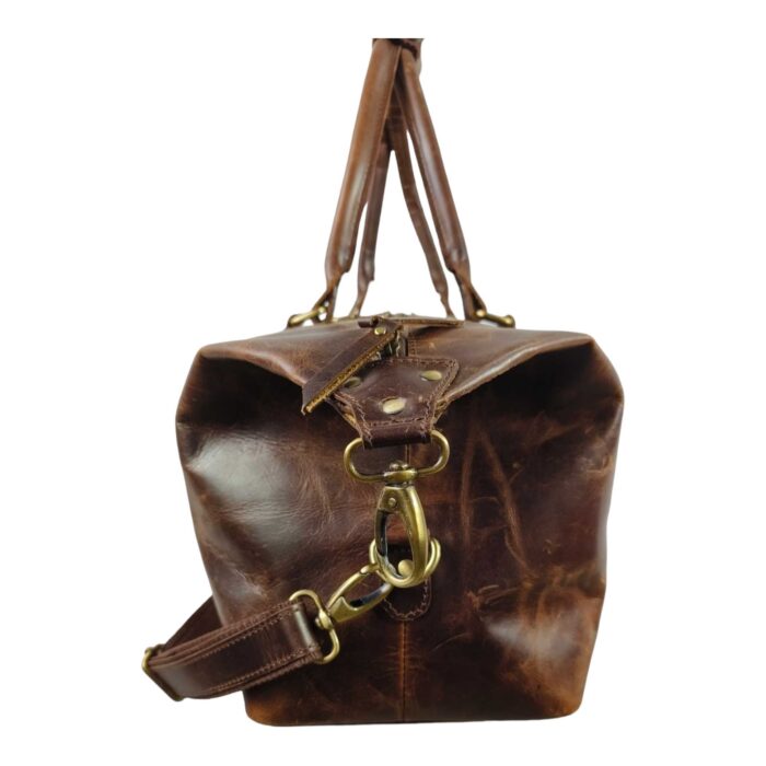 Classic Brown Full Grain Leather Duffle Bag – Large Vintage Travel Weekender with Adjustable Shoulder Strap & Brass Accents - Image 5