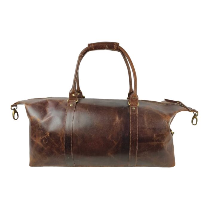 Classic Brown Full Grain Leather Duffle Bag – Large Vintage Travel Weekender with Adjustable Shoulder Strap & Brass Accents - Image 6