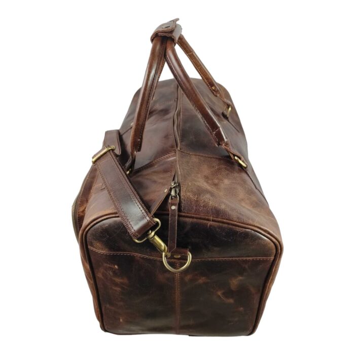 Full Grain Leather Duffle Bag – Large Brown Weekender with Front Zipper Pocket, Adjustable Shoulder Strap & Brass Hardware - Image 7