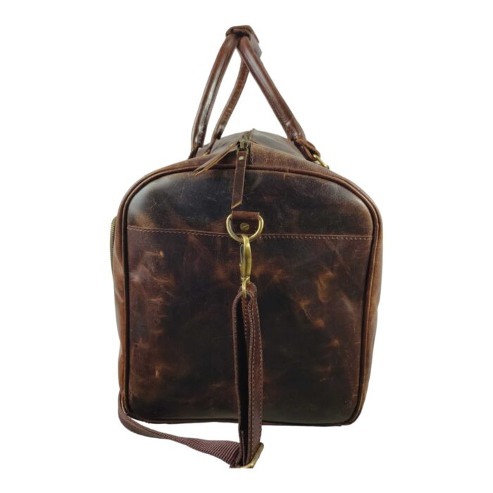 Full Grain Leather Duffle Bag – Large Brown Weekender with Front Zipper Pocket, Adjustable Shoulder Strap & Brass Hardware - Image 6
