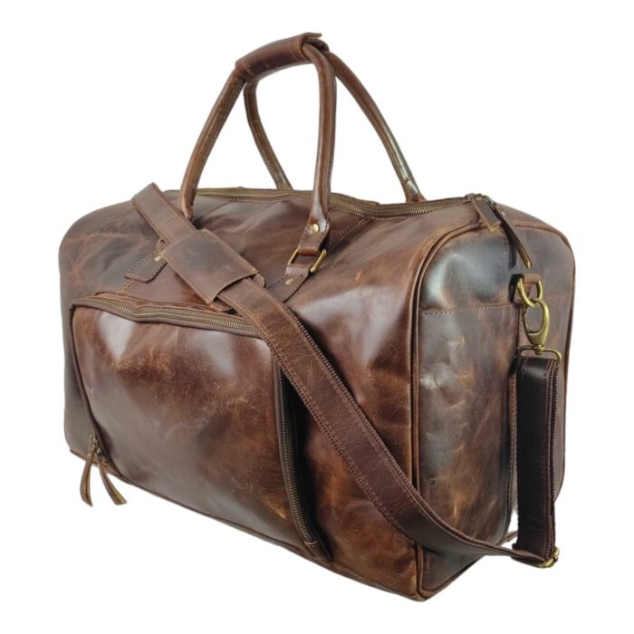 Full Grain Leather Duffle Bag – Large Brown Weekender with Front Zipper Pocket, Adjustable Shoulder Strap & Brass Hardware - Image 5