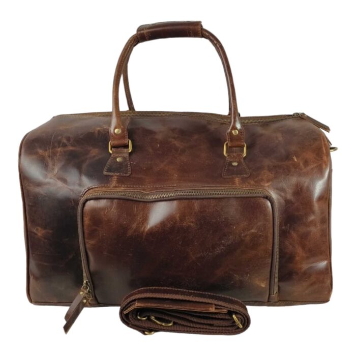 Full Grain Leather Duffle Bag – Large Brown Weekender with Front Zipper Pocket, Adjustable Shoulder Strap & Brass Hardware - Image 4