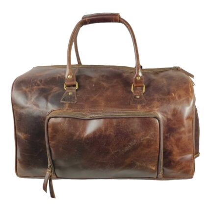 Full Grain Leather Duffle Bag – Large Brown Weekender with Front Zipper Pocket, Adjustable Shoulder Strap & Brass Hardware