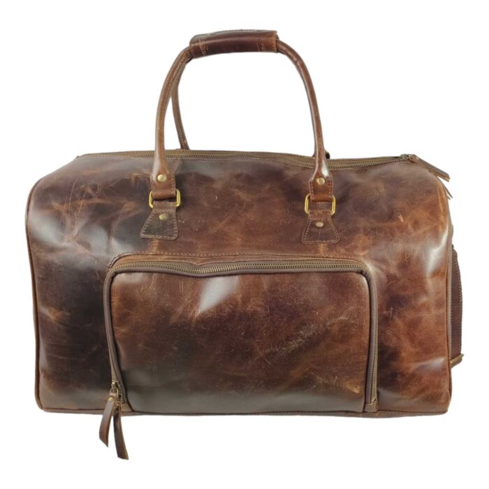Full Grain Leather Duffle Bag – Large Brown Weekender with Front Zipper Pocket, Adjustable Shoulder Strap & Brass Hardware - Image 1