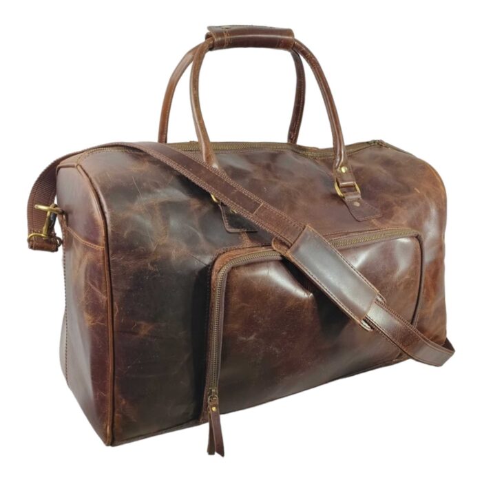 Full Grain Leather Duffle Bag – Large Brown Weekender with Front Zipper Pocket, Adjustable Shoulder Strap & Brass Hardware - Image 3