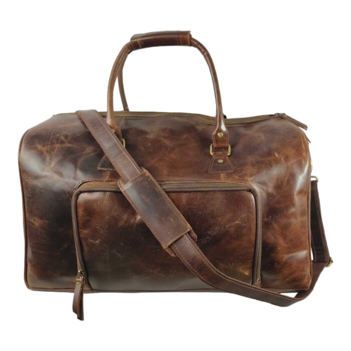 Full Grain Leather Duffle Bag – Large Brown Weekender with Front Zipper Pocket, Adjustable Shoulder Strap & Brass Hardware - Image 2